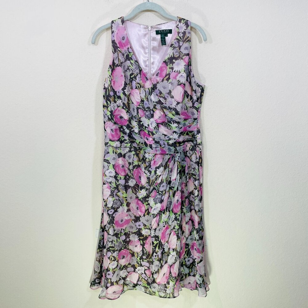 Lauren Ralph Lauren Size 12 100%‎ Silk Dress Floral Sleeveless Pink Gray Pleated